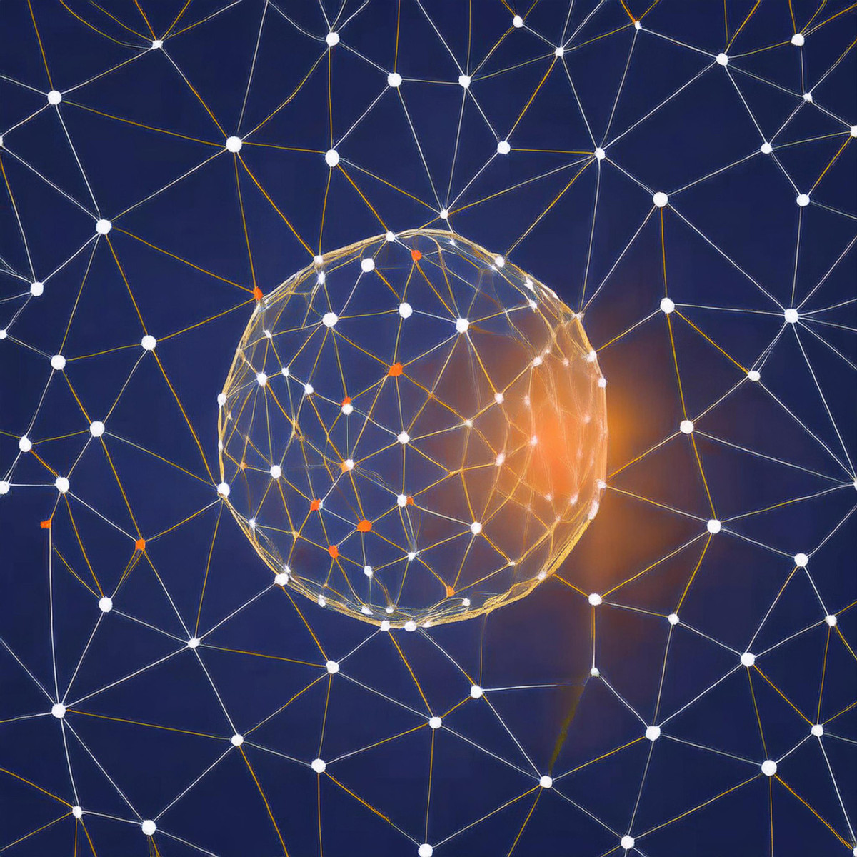 Futuristic sphere made up of grid lines with background of matching grid and connecting dots.