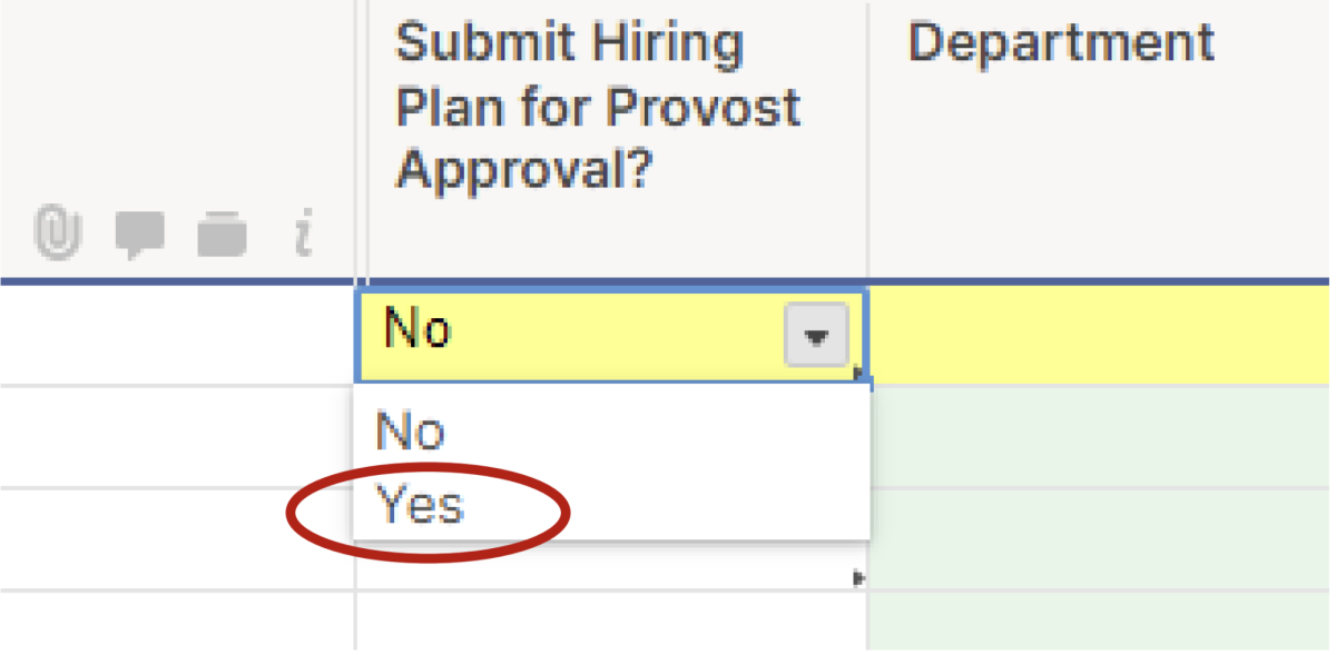 Screenshot showing Submit Hiring Plan for Provost Approval dropdown menu with option 