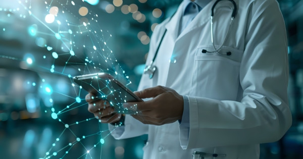 A healthcare worker holding a tablet overlayed with a network of connected circles and dots.