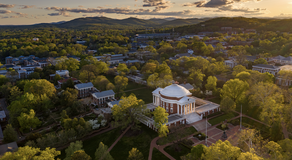 An arial view of the UVA Rotunda building during summer