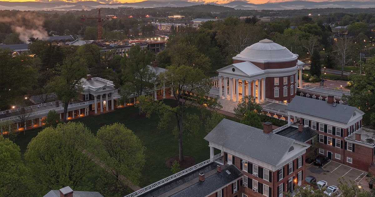 Aerial view of the UVA Rotunda and lawn.