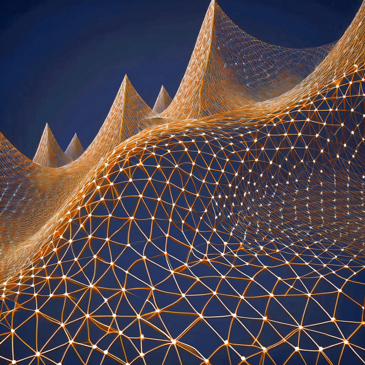 An ai-generated image of sharp peaks and waves made up of orange and white lines and connector dots.
