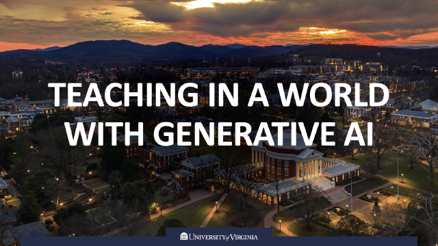 The UVA Rotunda building viewed from the air at dusk with 