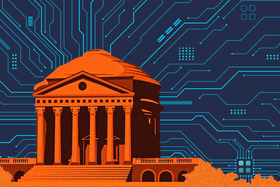Artistic render of the front view of UVA's Rotunda with futuristic AI circuits in the background.