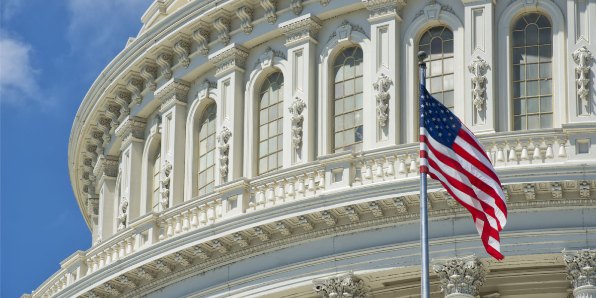 White columned building with a pole mounted American flag in foreground