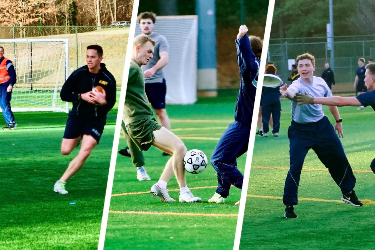 Three seperate images of students playing soccer.