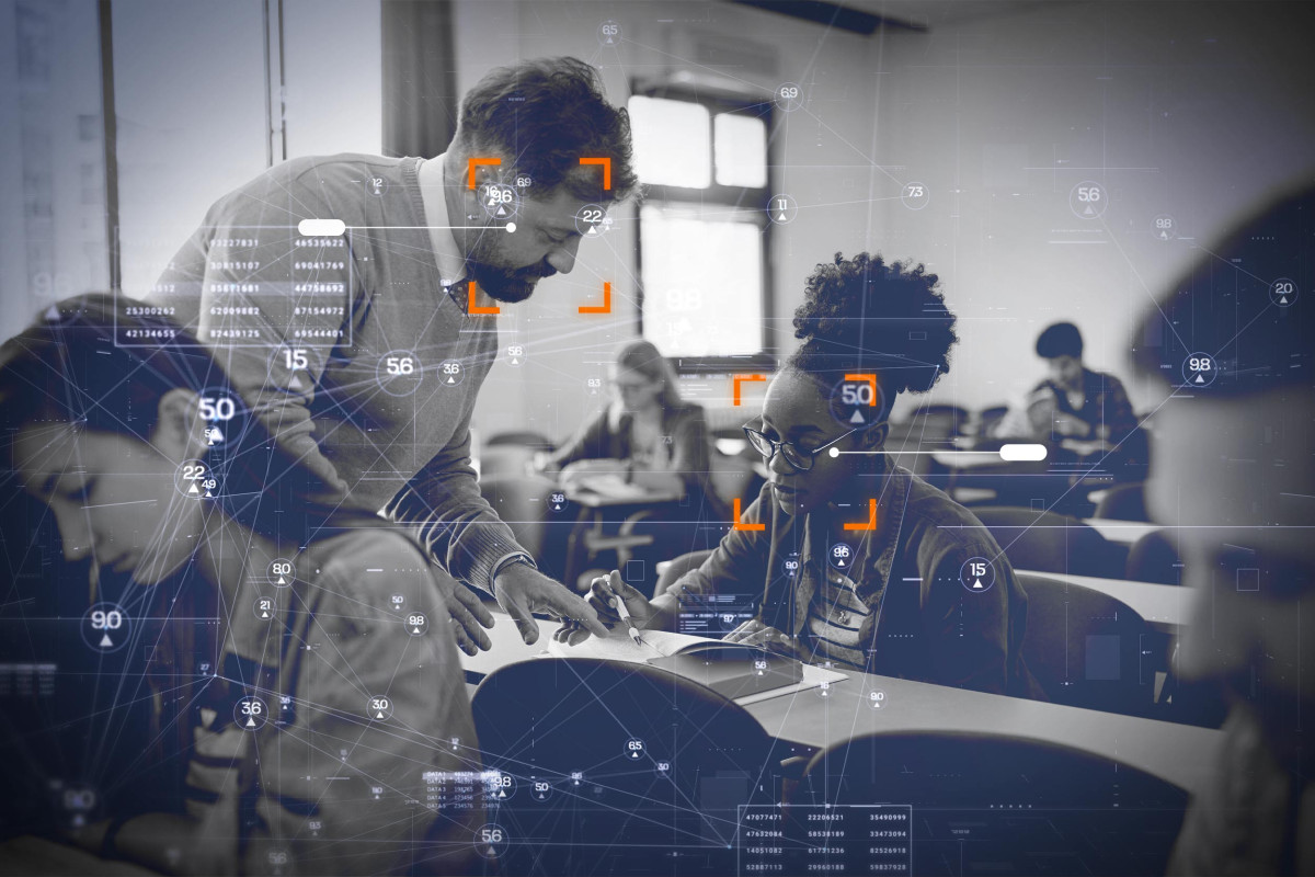A math teacher helping a student overlayed with equations and data