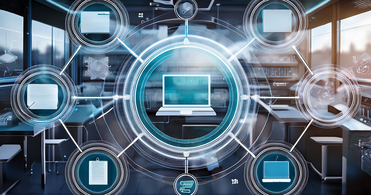 A network of computer and document icons connected by lines over an empty classroom background.