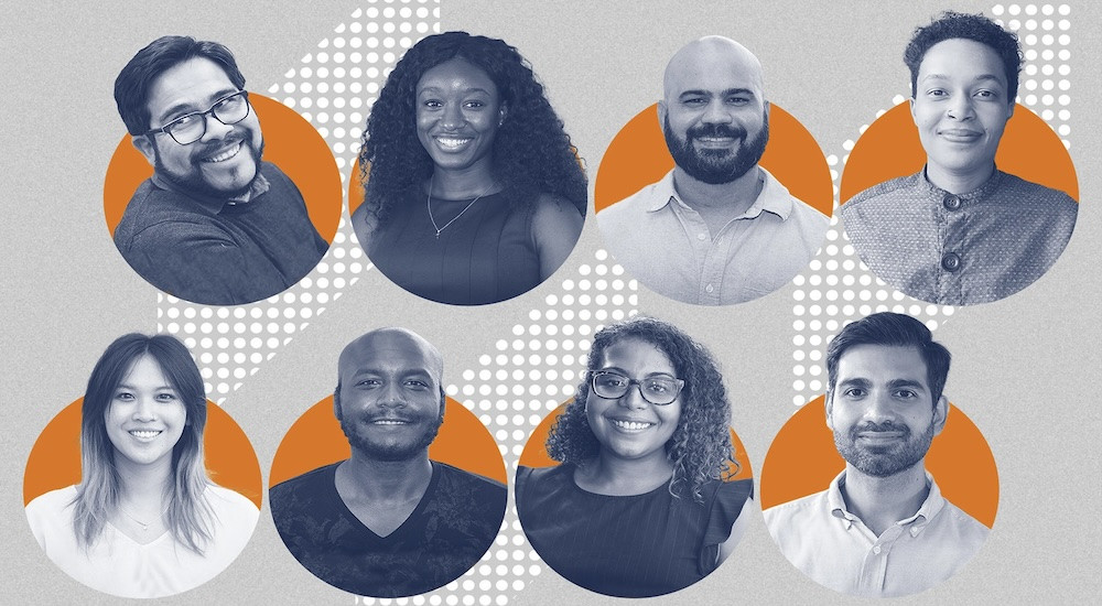 A poster showing the faces of eight Race Place and Equity fellows overlaying a pattern made up of UVA orange and gray.