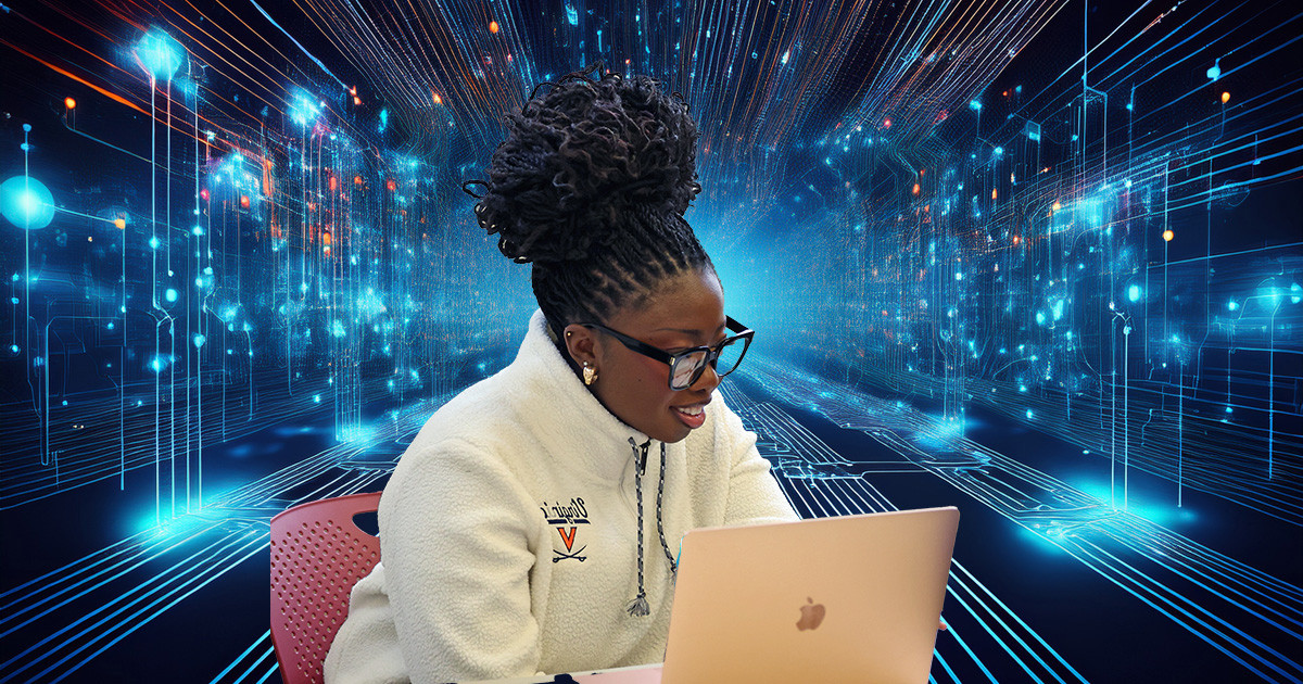 Female student sits in a chair with an open laptop in front of her and a futuristic AI circuit background is behind her.