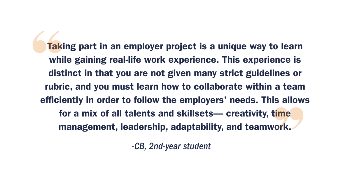 a quote in navy blue with orange faded quotation marks detailing student experience in a UVA Career Academy