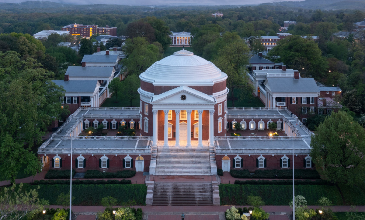 An areal view of UVA Rotunda on a summer evening.