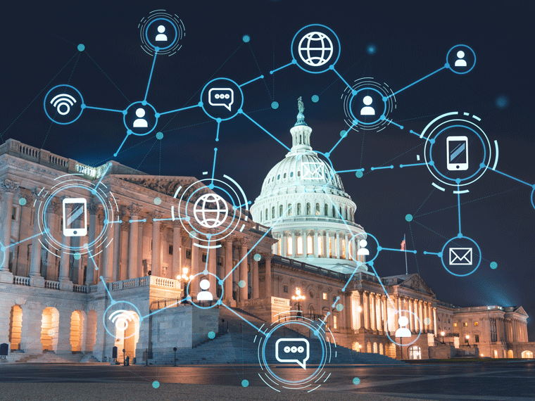 The U.S. Capitol Building with an illustration overlaying it showing icons for assorted technologies connected by lines.