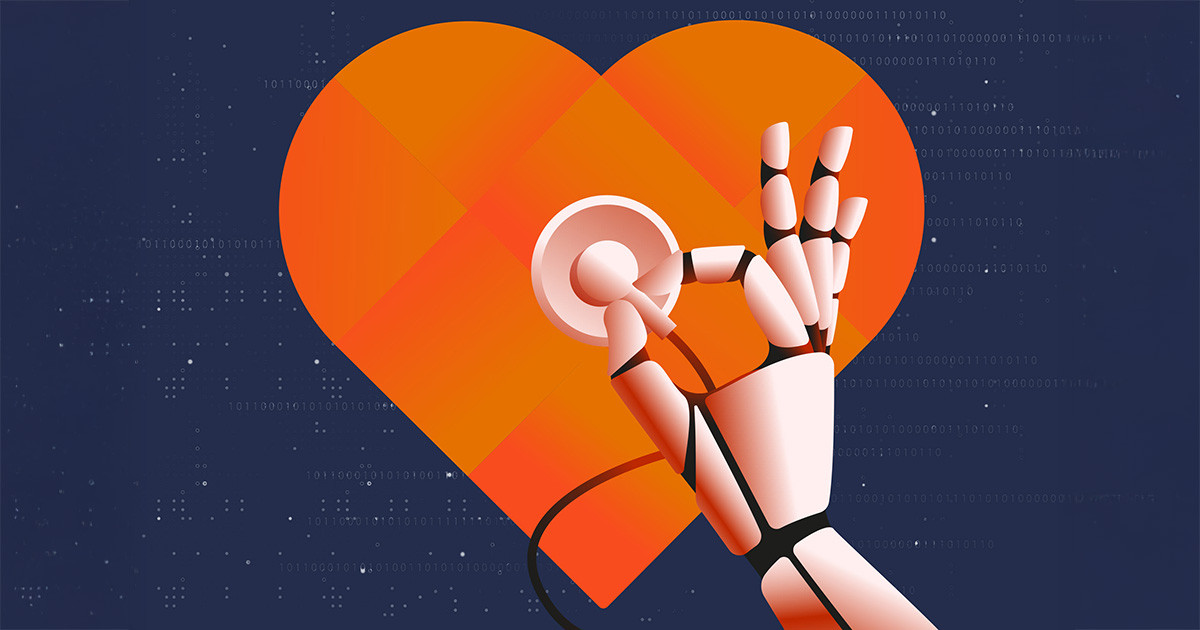 An animated robot hand holds a stethoscope over a heart.