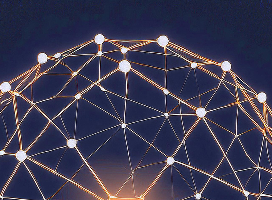 Futuristic cropped sphere made of orange grid lines and white connecting dots.