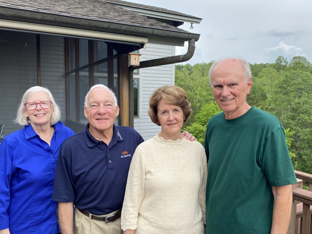 RFA Presidents Dorrie Fontaine, Dick Brownlee, Kathy Thornton, and Dennis Proffitt standing together in front of Dennis Proffitt's house.