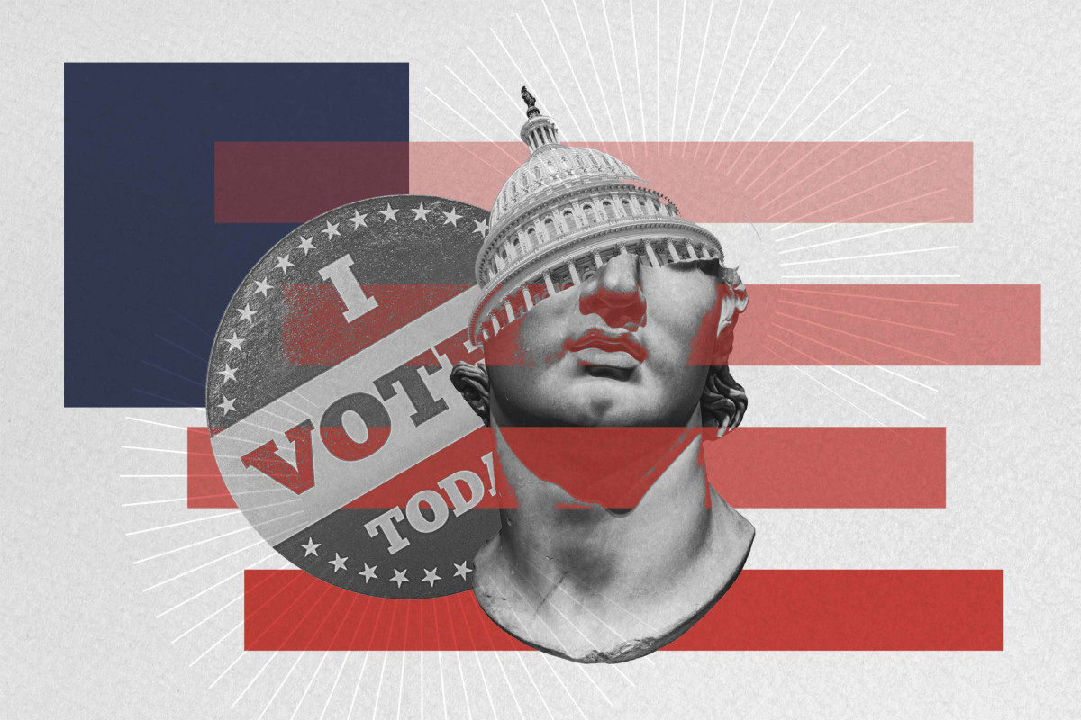 A graphic design of an American flag, an I Voted button, and the top of the capital building.