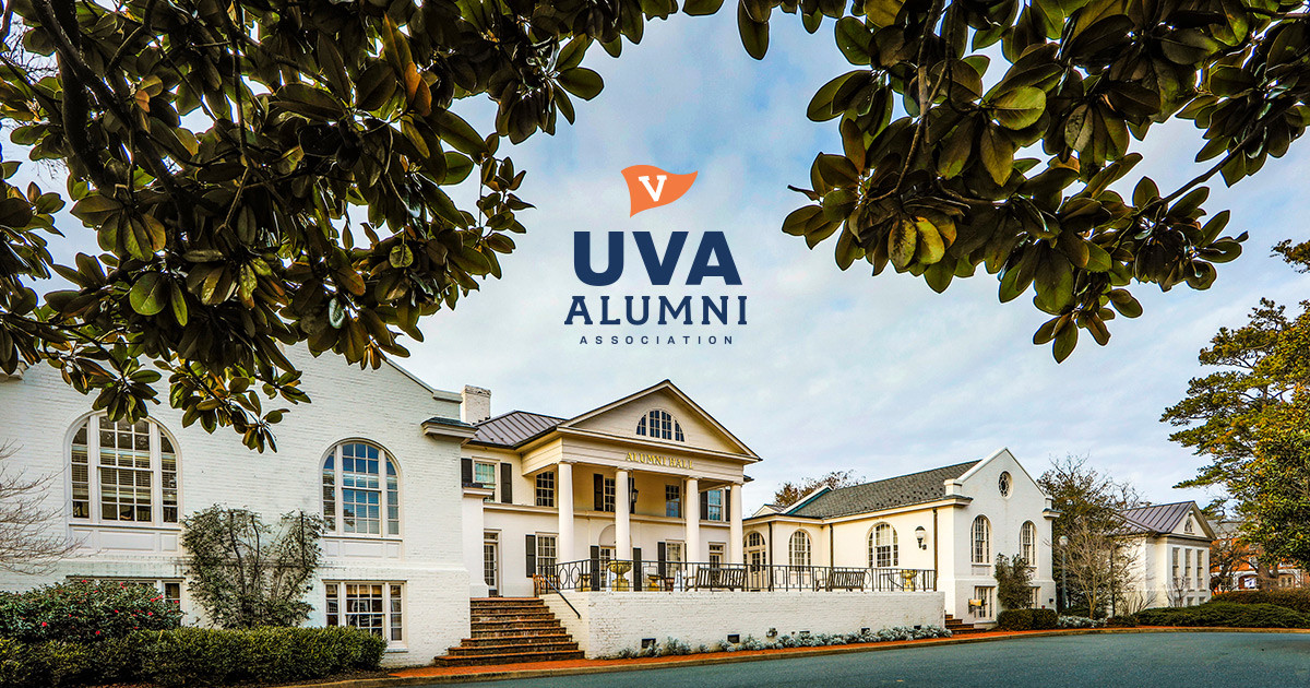 UVA Alumni Association building  with the logo of the UVA Alumni Association superimposed at the top center of the image.